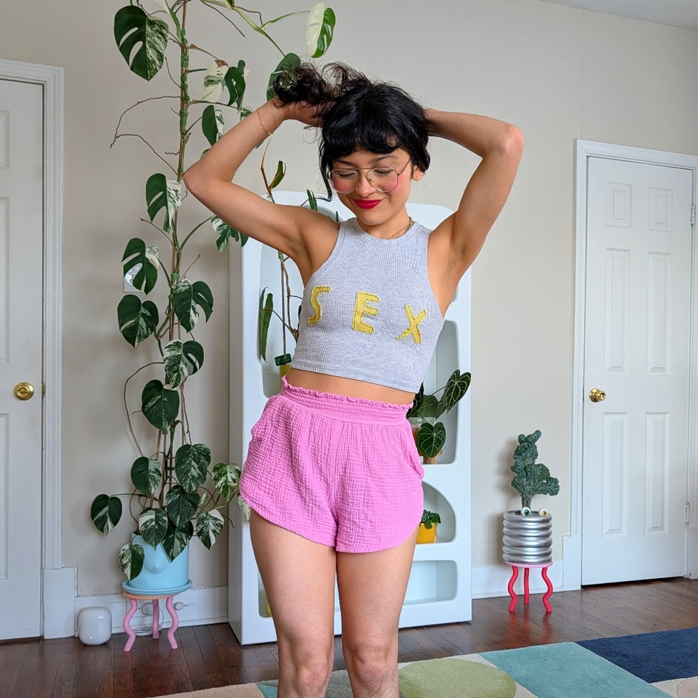 Marine Layer pink gauze shorts with elastic waistband and pockets